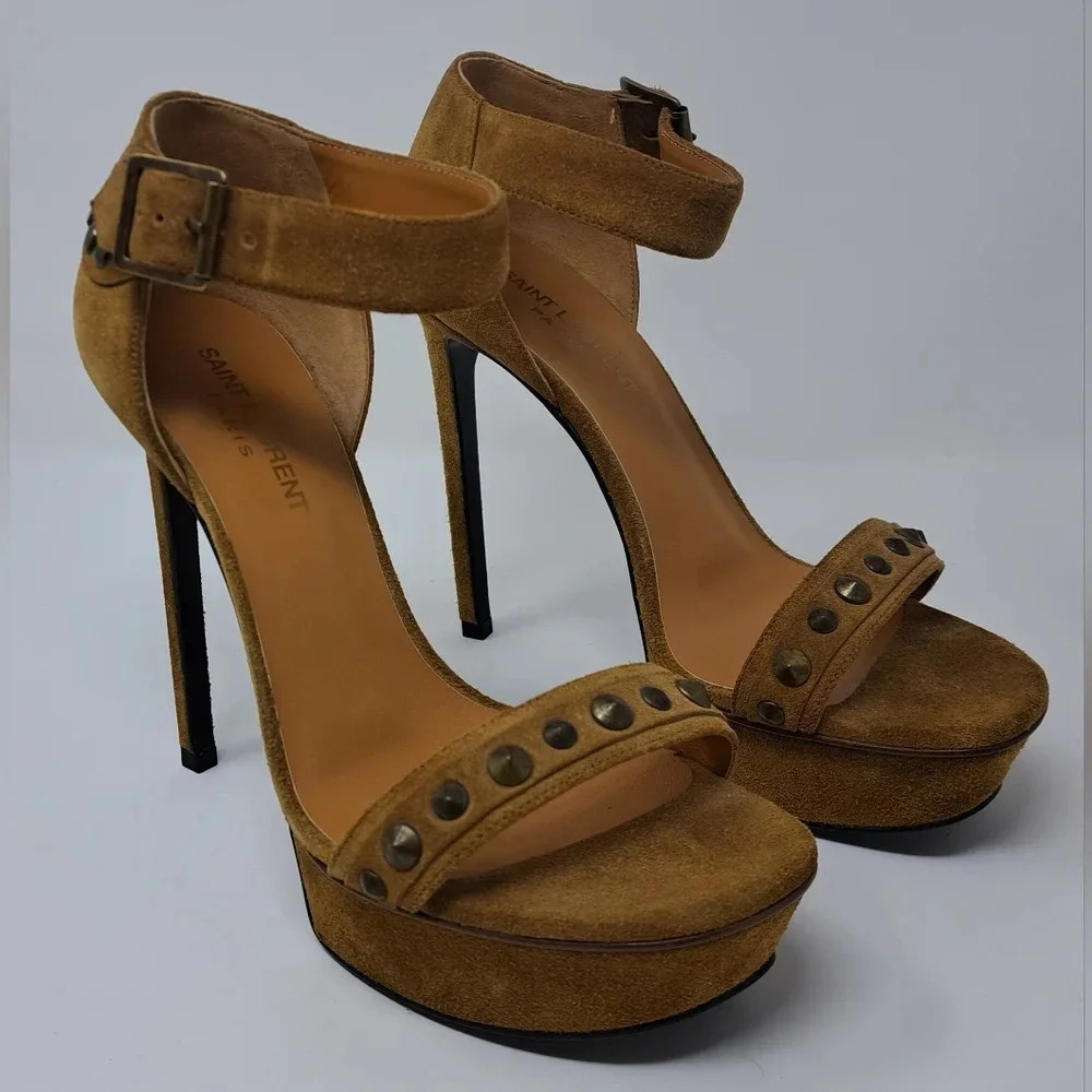 Saint Laurent Suede Ankle Strap Sandals Heels Buckle Metal Hrdware 37.5EU 7.5 US